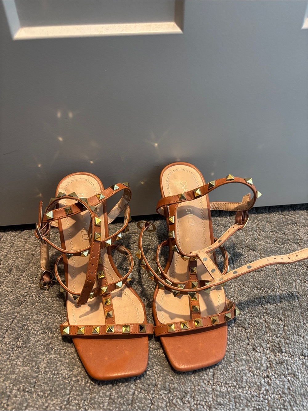 Chase + Chloe Brown Studded Strappy Heels